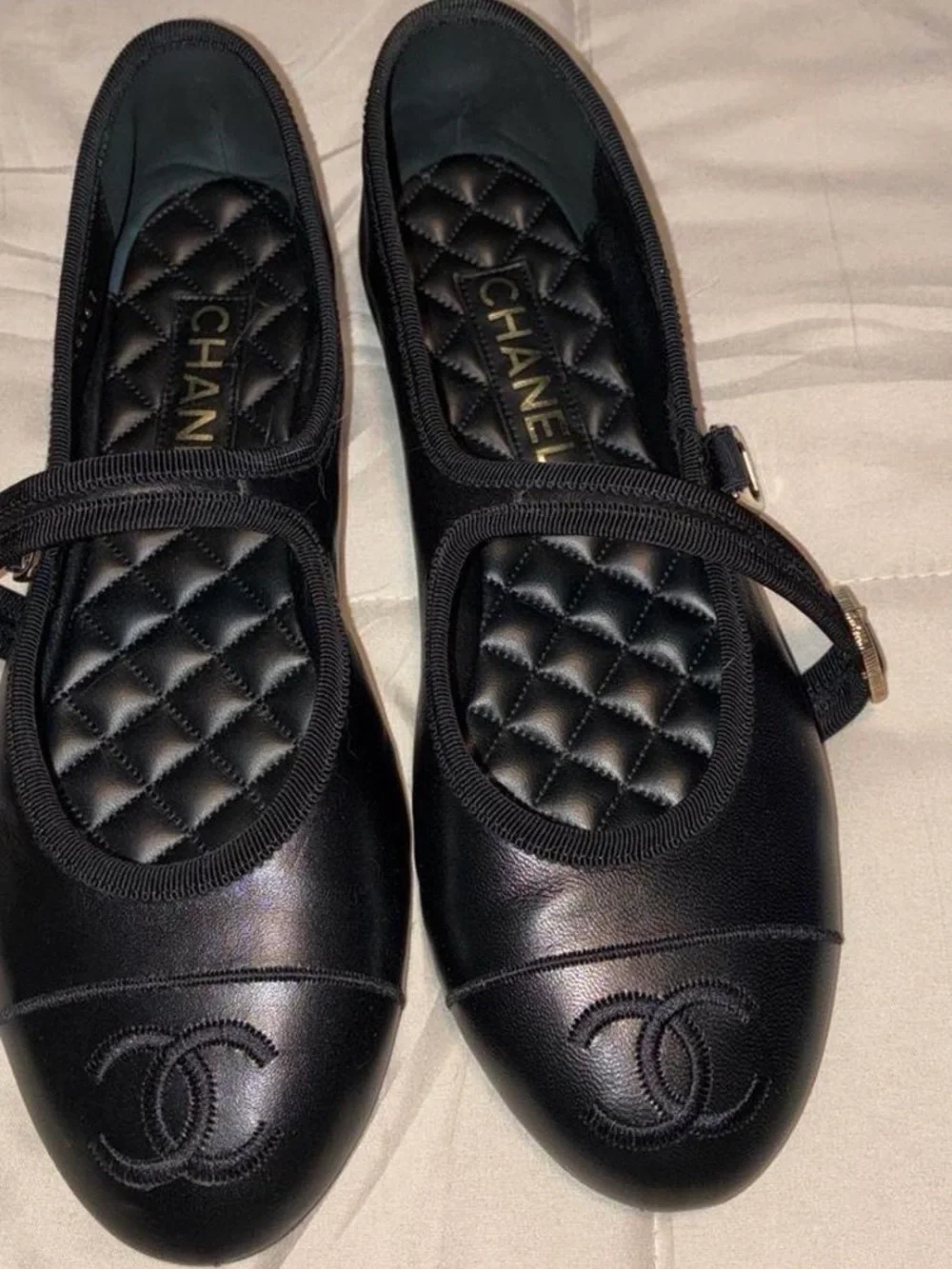 CHANEL Black Quilted CC-Emblem Mary Jane Flats